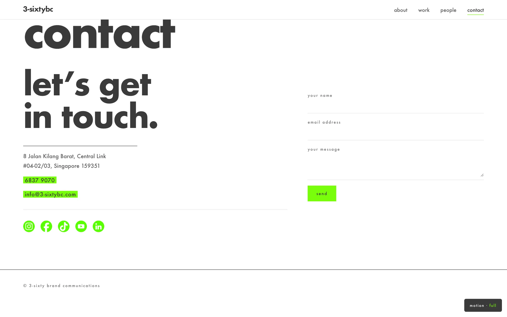 The contact section: the heading let's get in touch, an address, a phone number and email marked in green, and a short form.