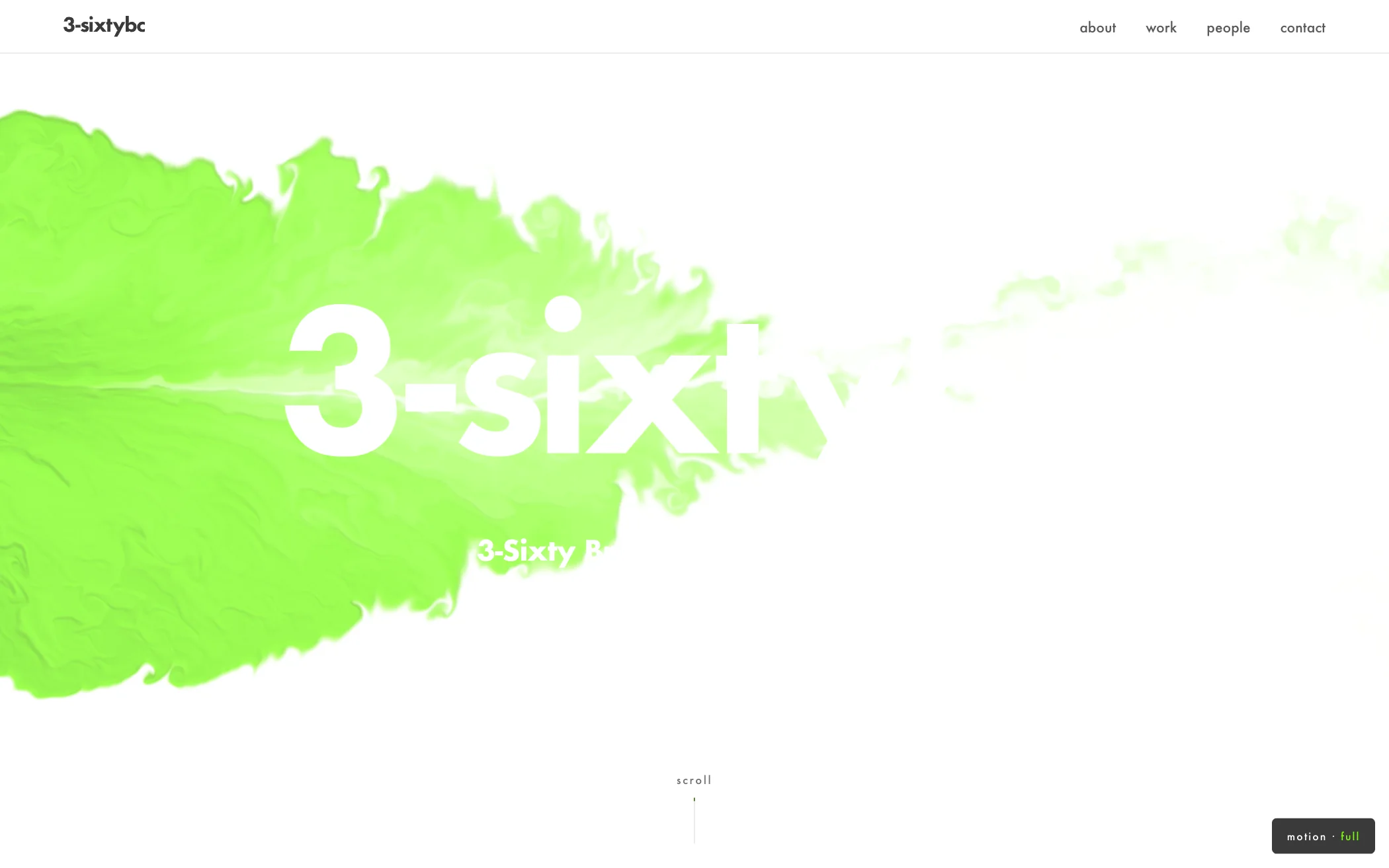 The hero: a white page with a trail of bright green fluid across it, and the white wordmark 3-sixty showing inside the green.