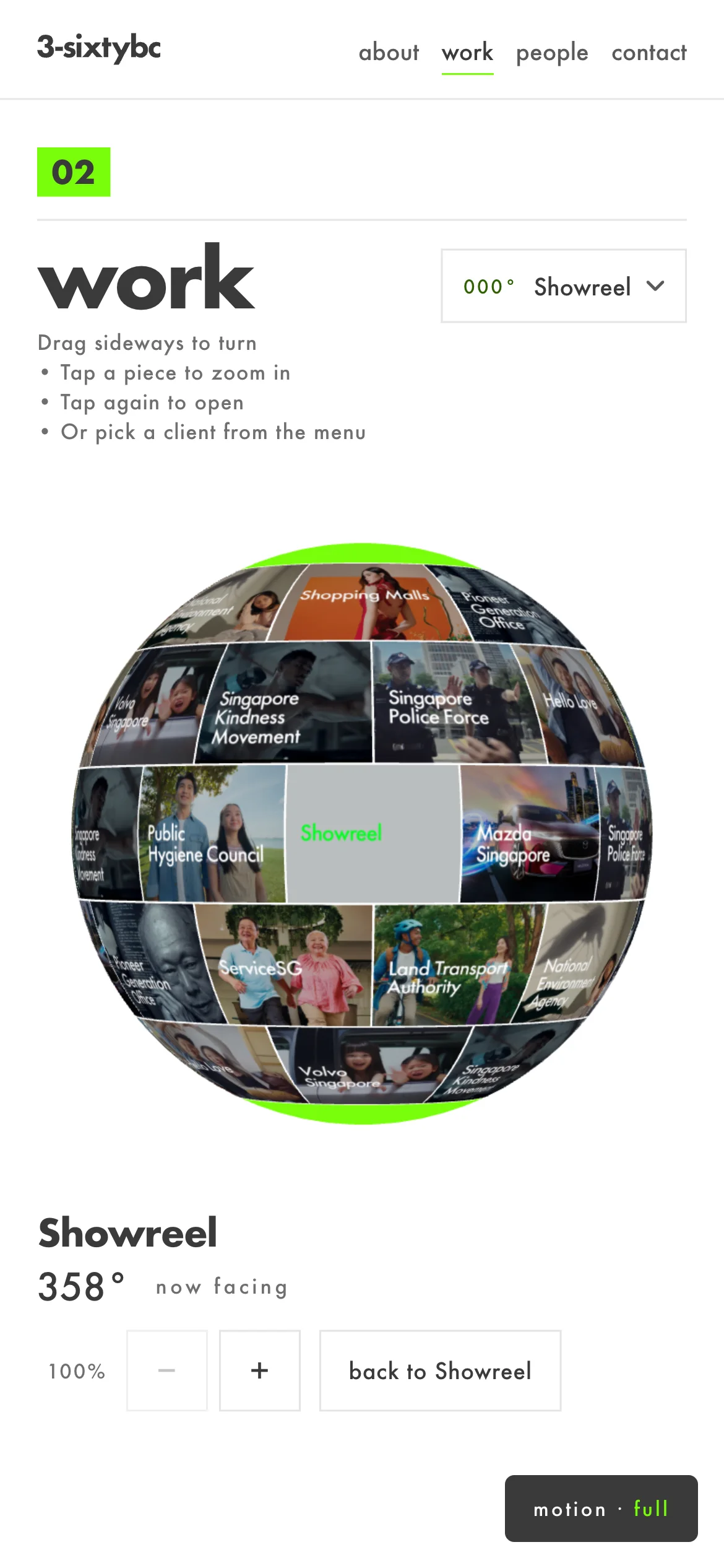 The work section on a phone: the globe in the middle of the screen, with a menu of clients above it.