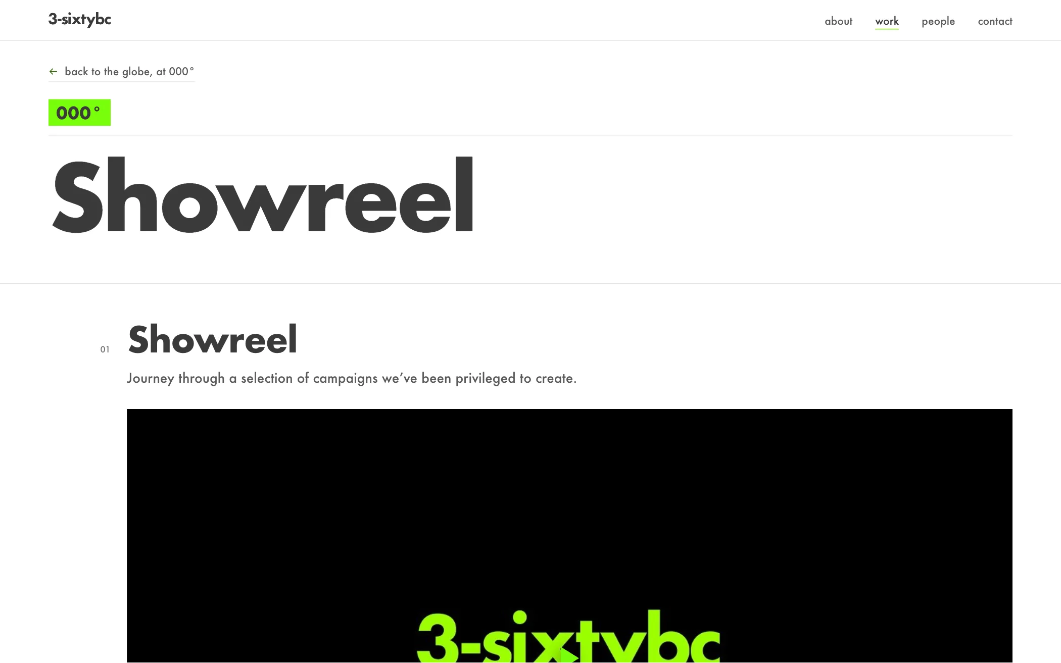 A work page titled Showreel, with a line back to the globe and a video frame below the heading.