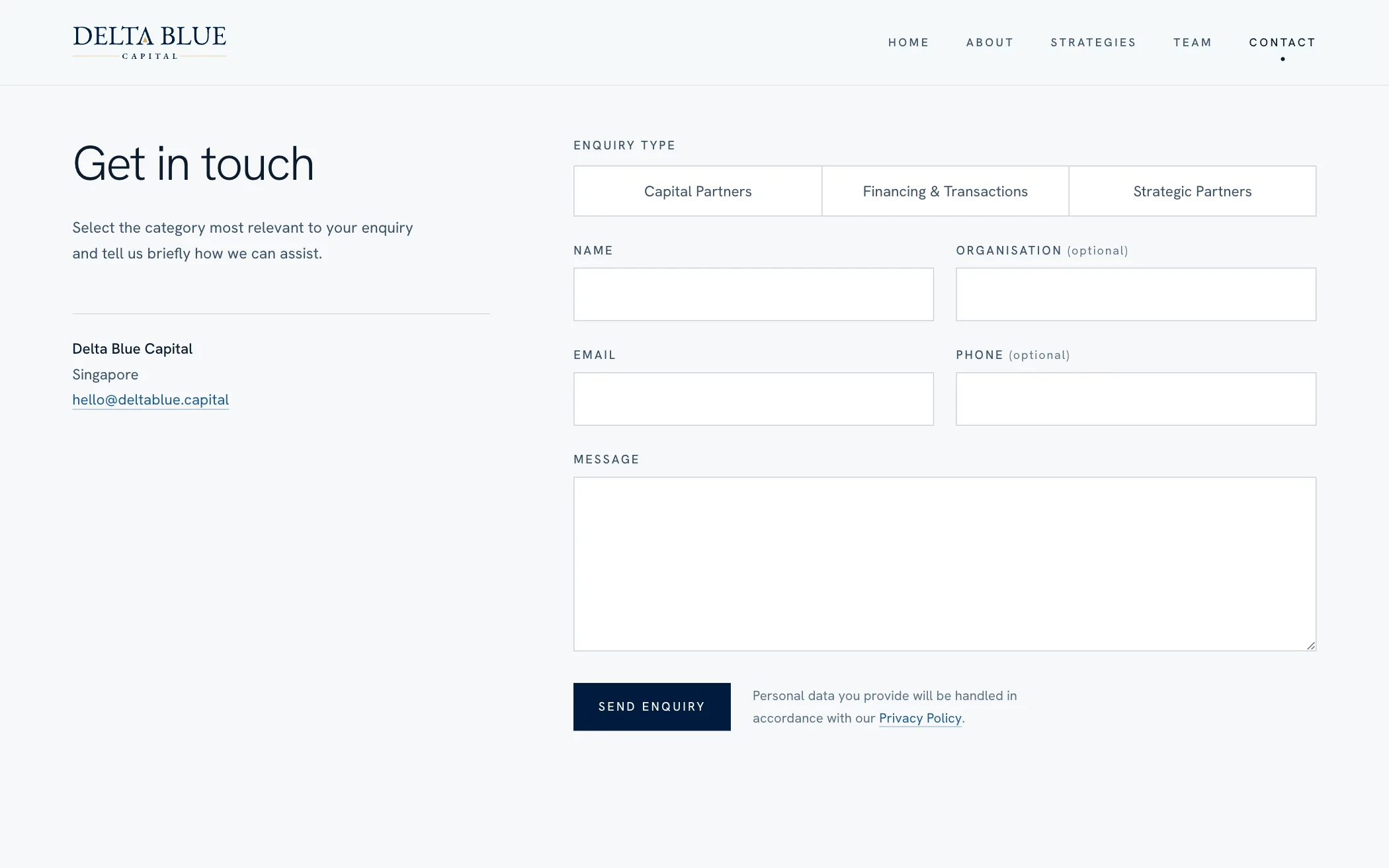 The contact page: a form that starts with a choice of three enquiry types, then name, organisation, email, phone and message.