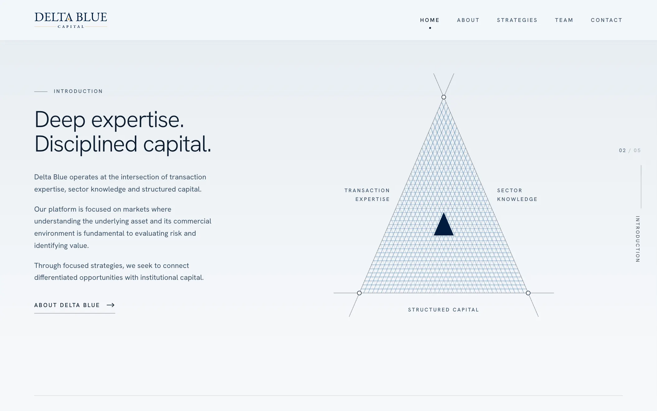 The introduction section: a triangle drawn in fine blue hatching, its three sides labelled transaction expertise, sector knowledge and structured capital.
