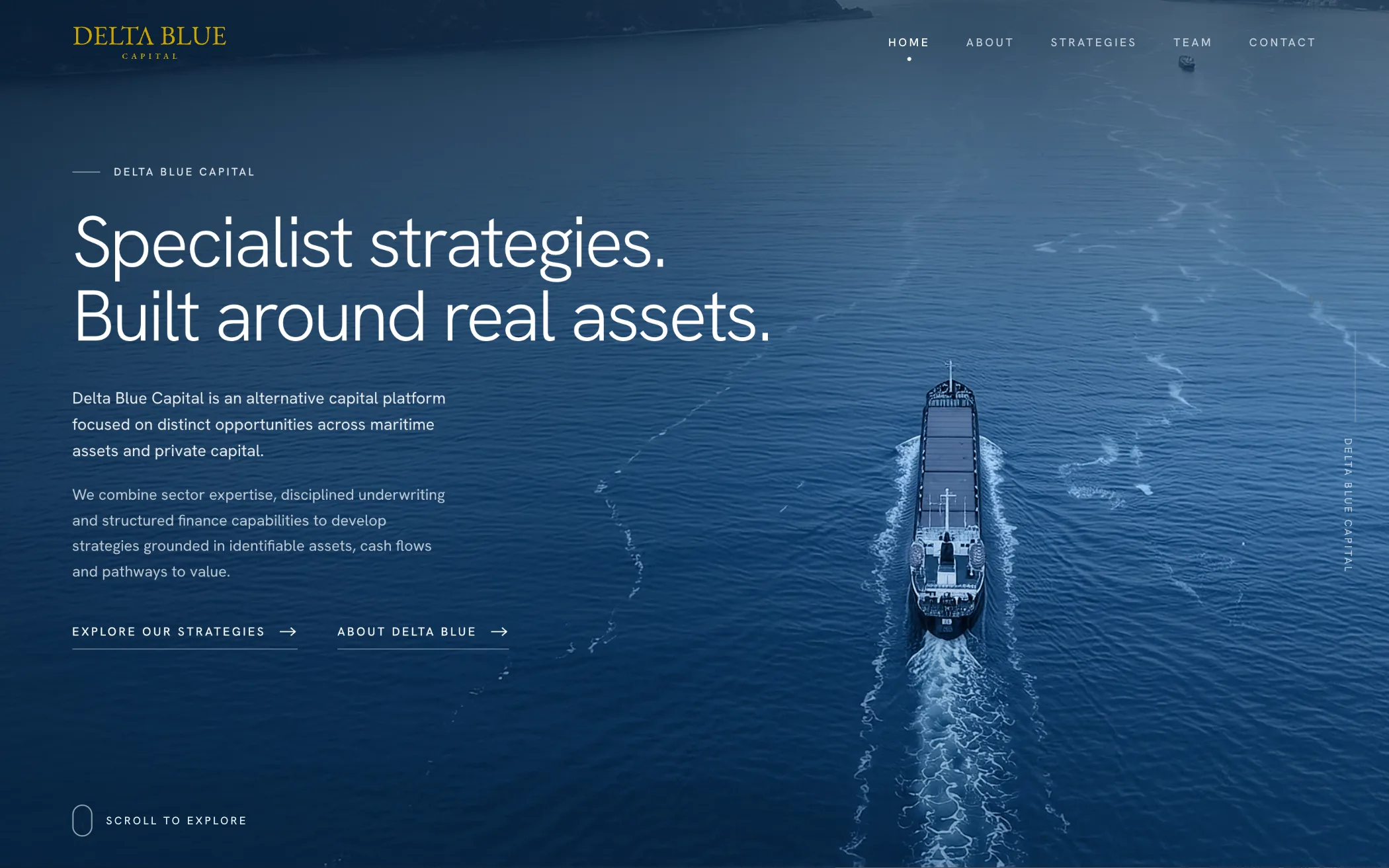 The front page: the headline Specialist strategies. Built around real assets, over an aerial picture of a ship under way.