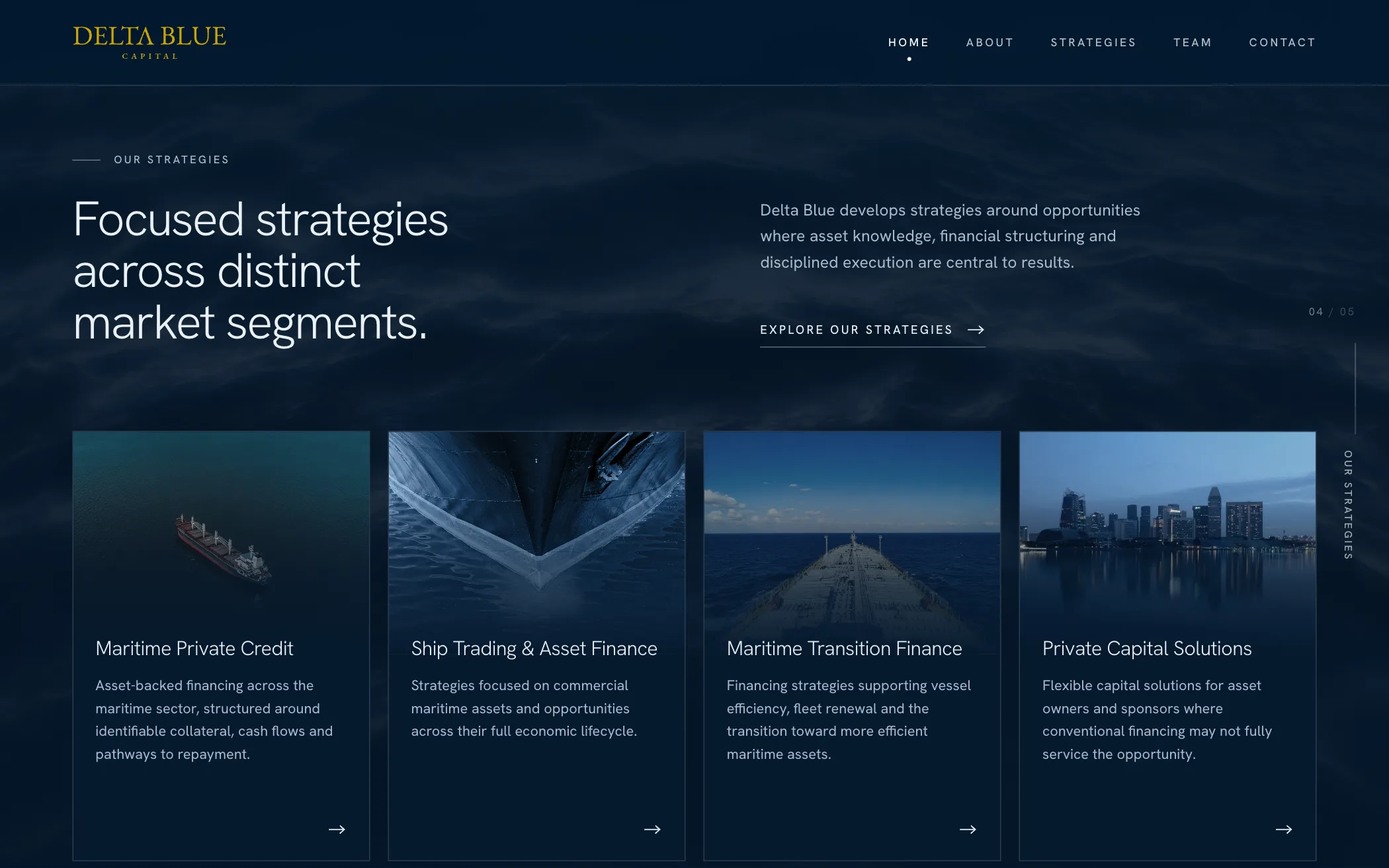 The strategies section on a dark ground: four tall picture panels, one per strategy.