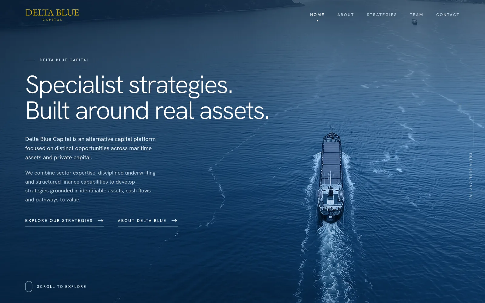 The Delta Blue Capital front page: a cargo ship seen from above on dark blue water, with the line Specialist strategies. Built around real assets.