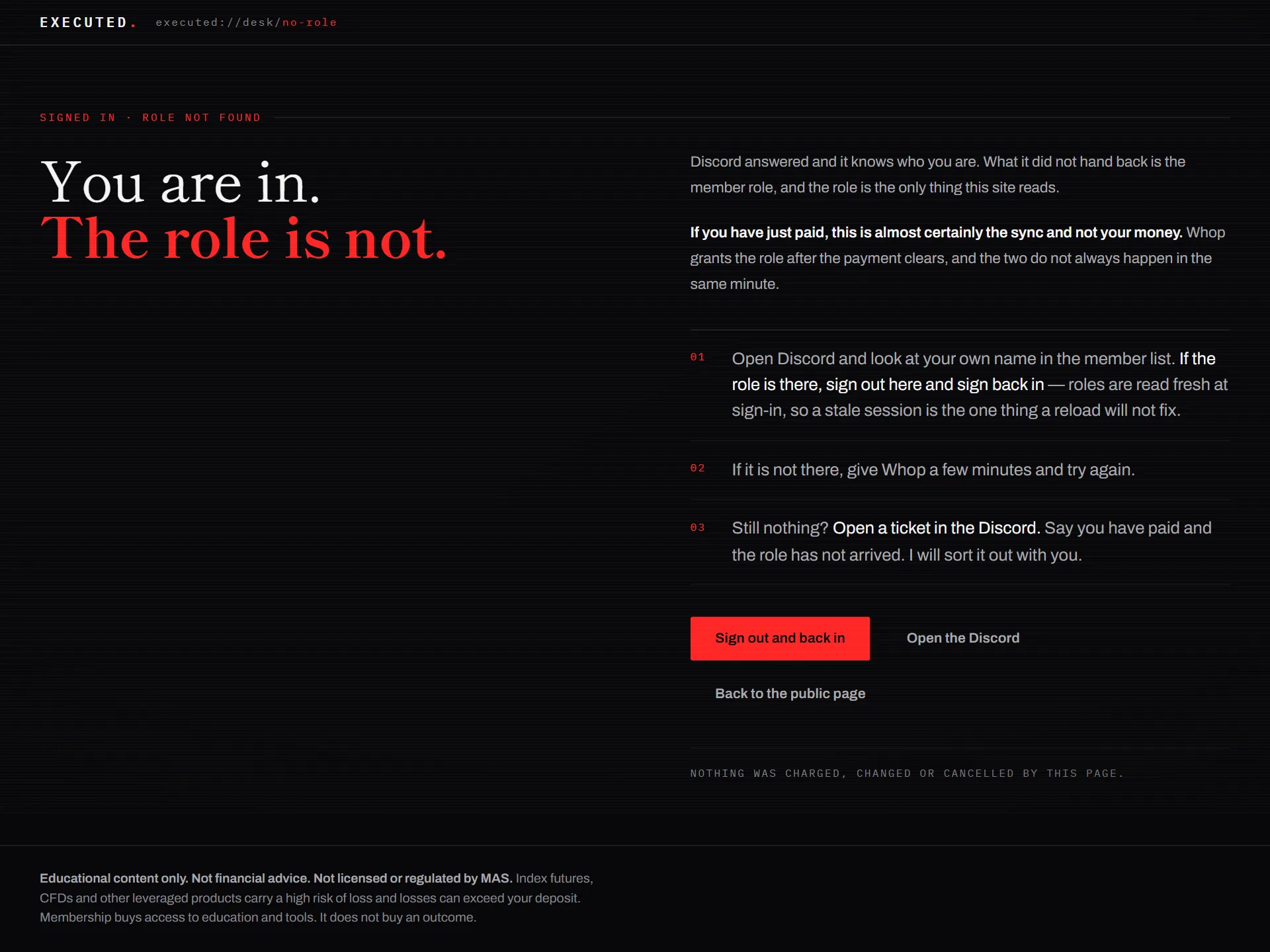 The locked-out page: a plain explanation that the account is signed in but has no active membership role, and what to do next.