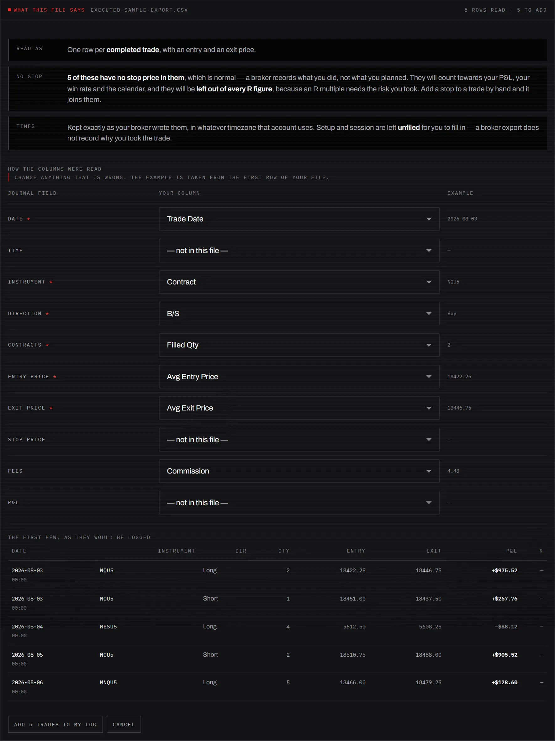 The CSV import, mid-map: a panel headed How the columns were read, pairing each journal field with a column from the uploaded file and an example value from its first row.