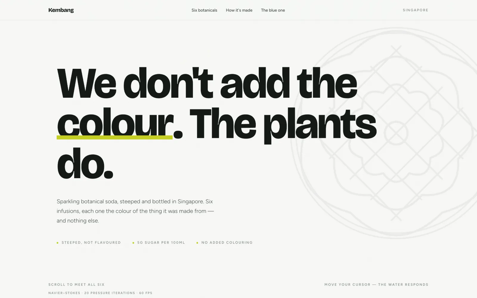 Bold black type on off-white reading We don't add the colour. The plants do., beside a fine line drawing of a botanical form.