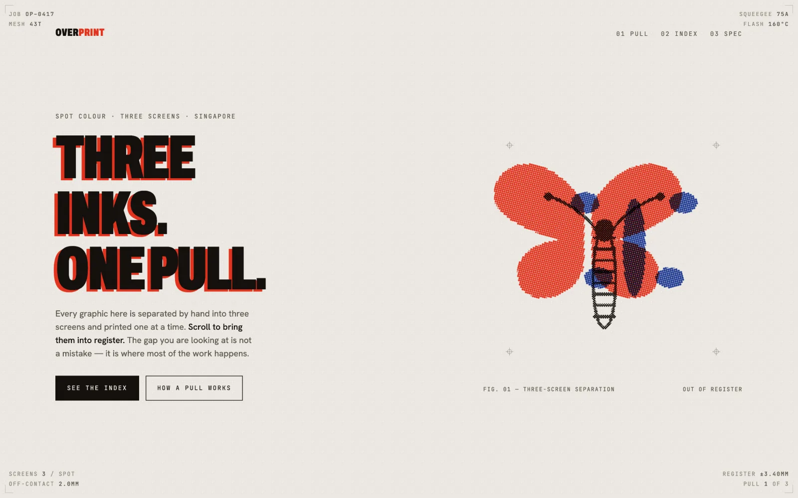 A halftone butterfly printed in red, blue and black on warm paper, beside the words Three inks, one pull.