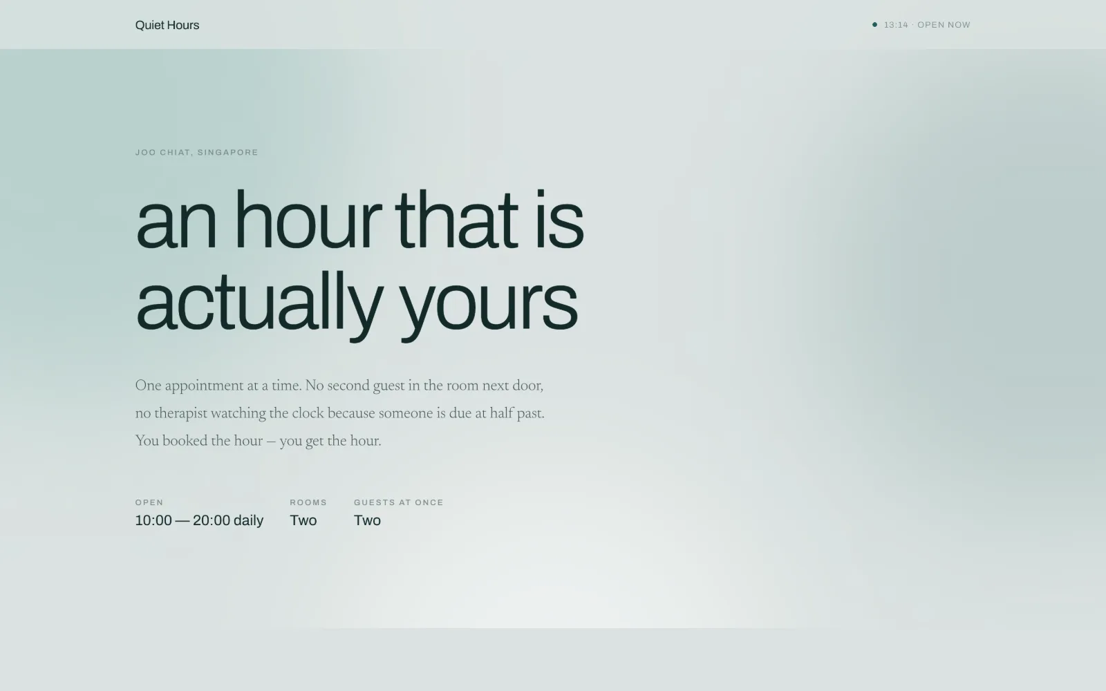 A pale green-grey spa page reading an hour that is actually yours, with opening times beneath.