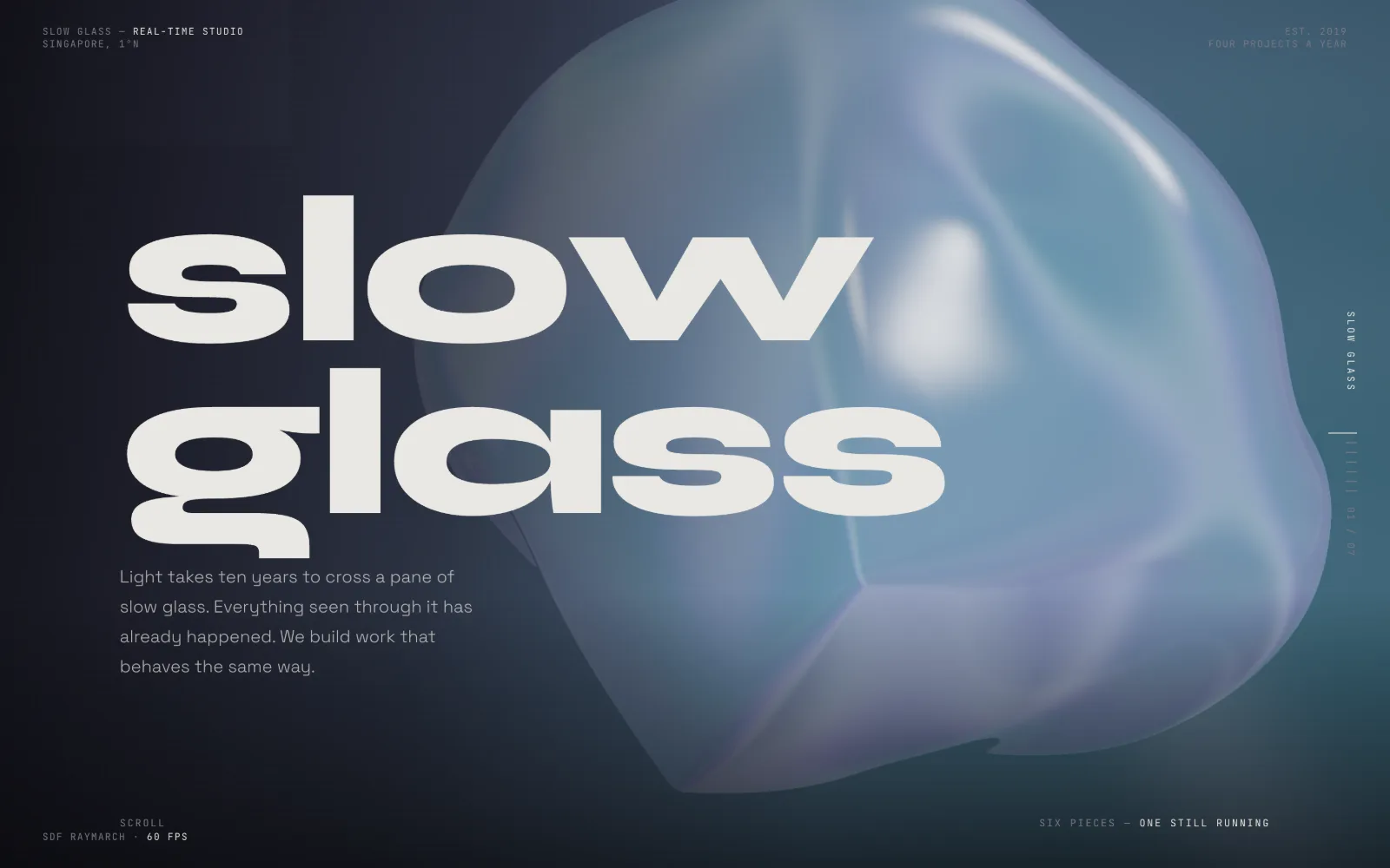 A pale, softly lit glass form floating on near-black, with the words slow glass set large beneath it.