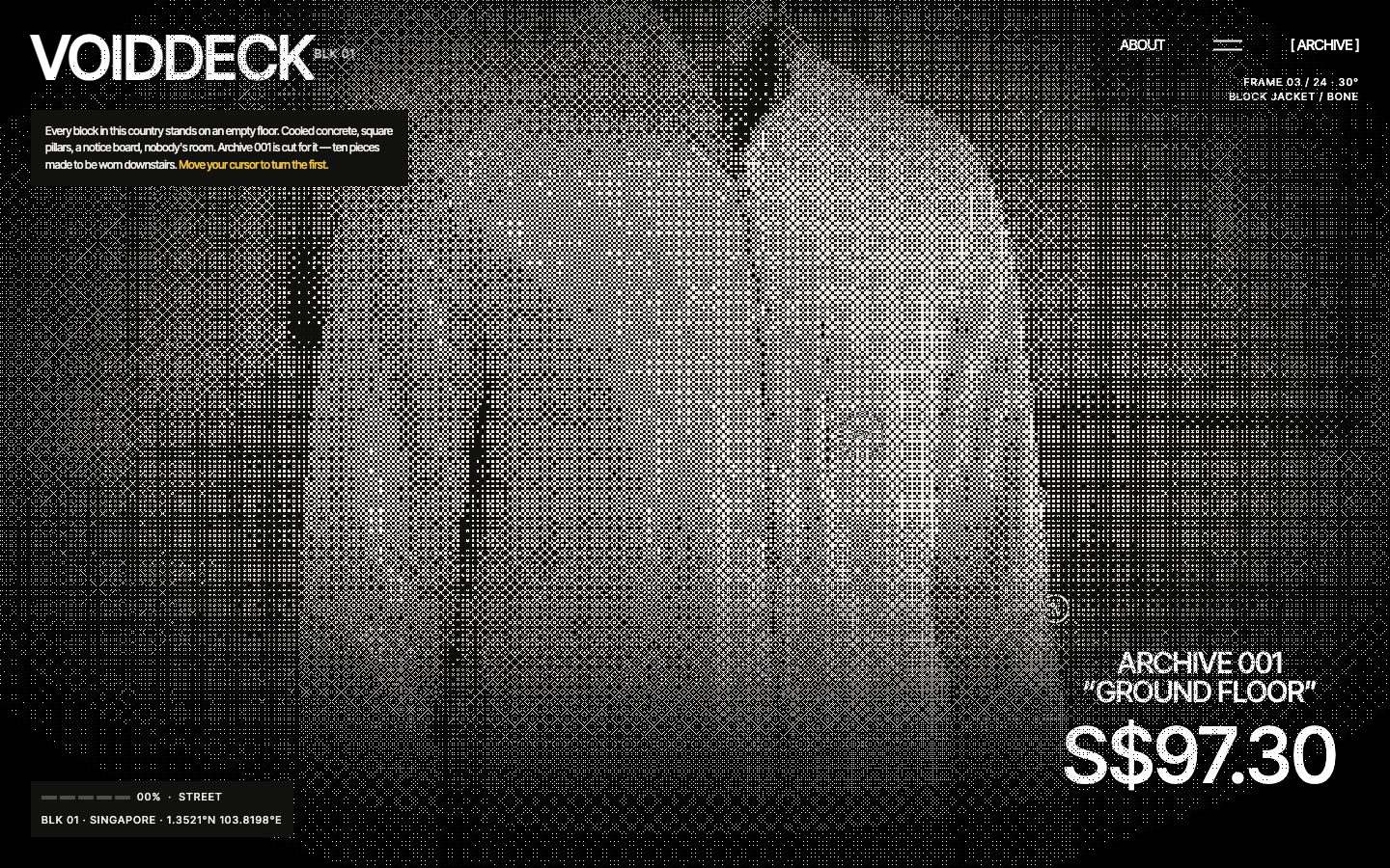 A jacket rendered as a dense one-bit black and white dither, priced S$97.30, labelled Archive 001 Ground Floor.