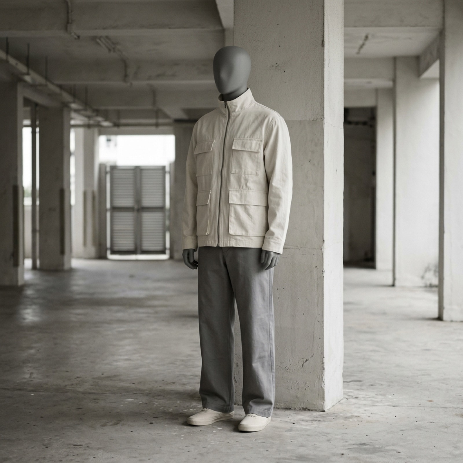 A full look on a ghost mannequin beside a concrete pillar in an empty void deck.