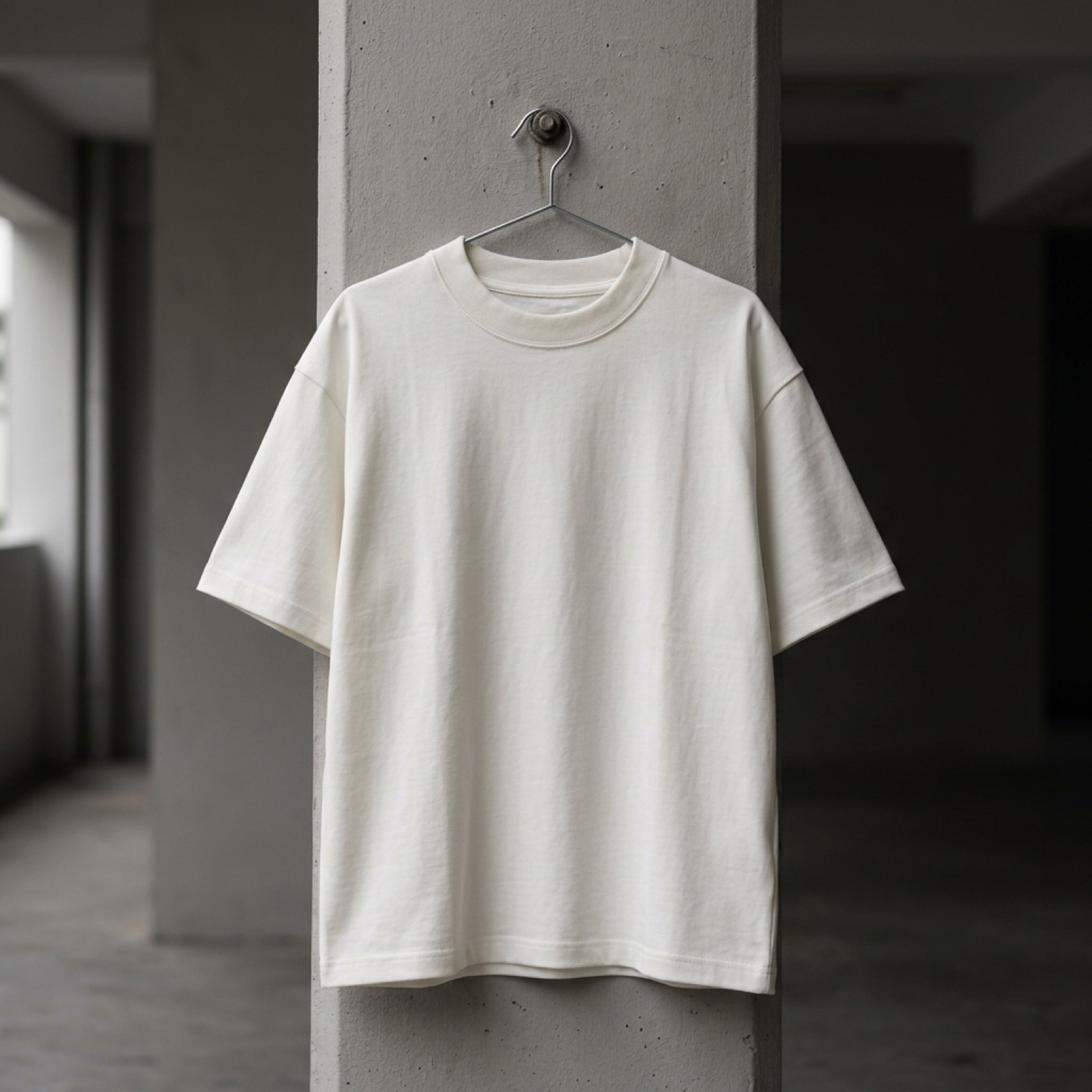 A heavyweight bone t-shirt hanging from a hook on a concrete pillar.