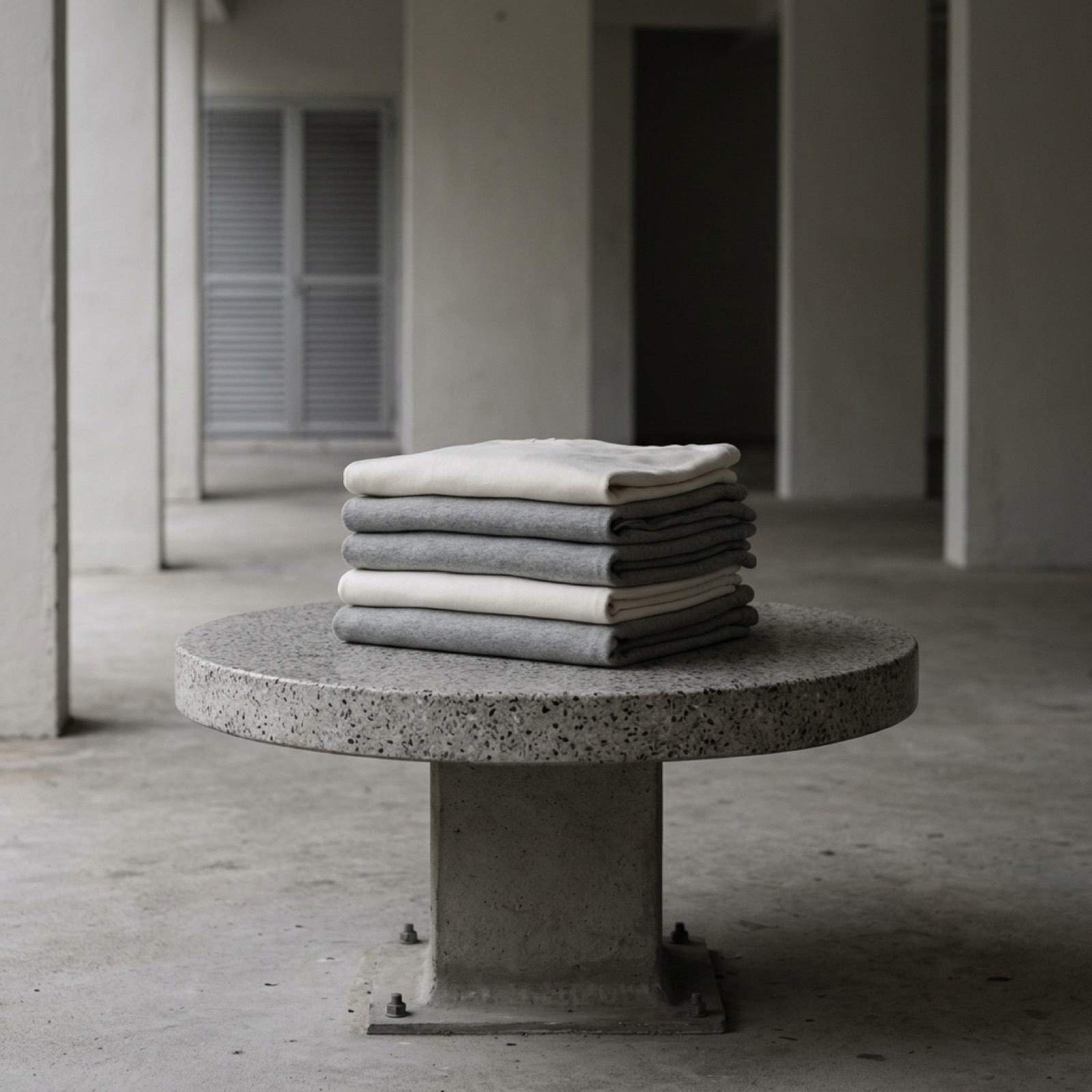 Five folded garments stacked on a terrazzo table in the void deck.